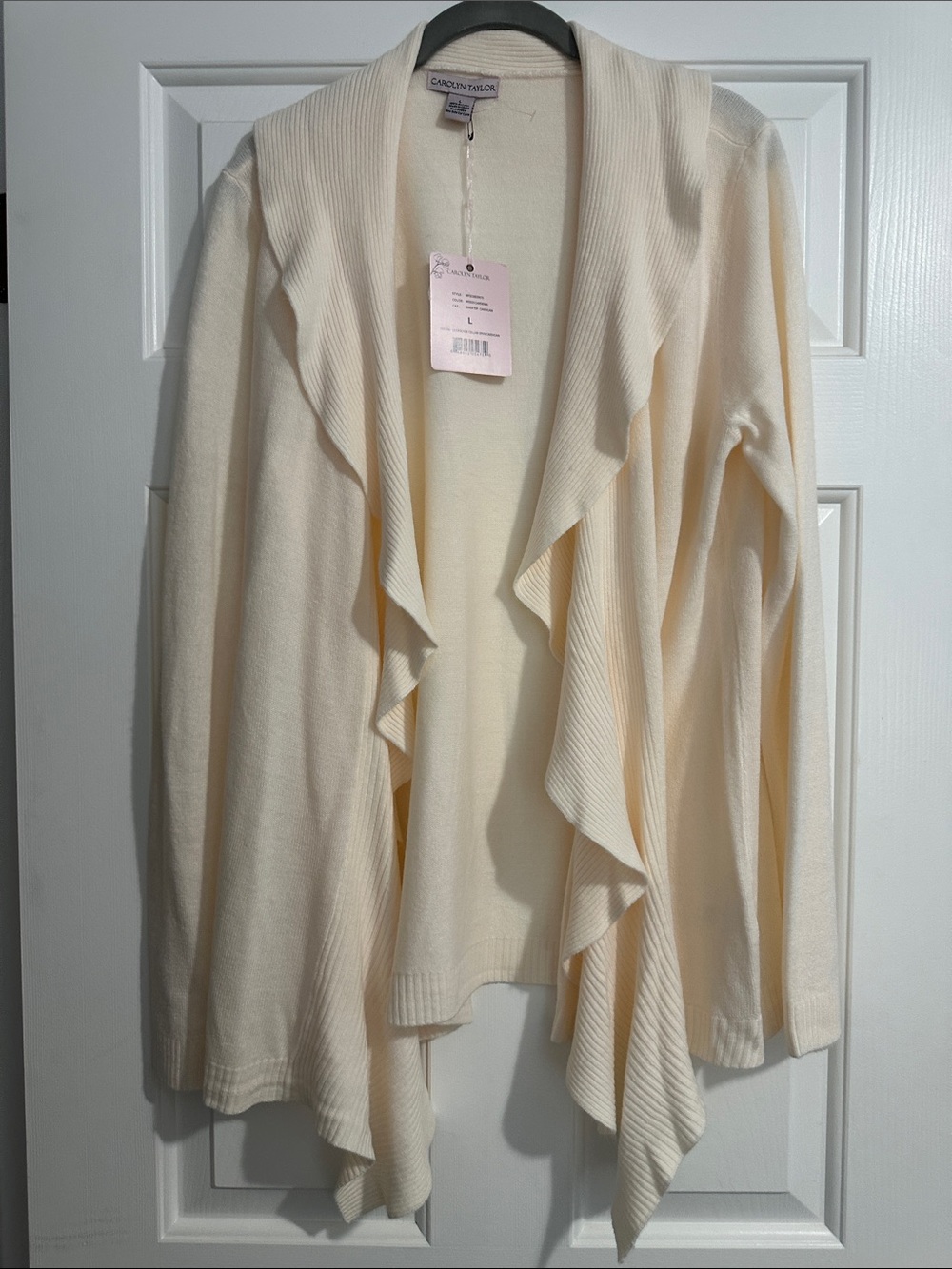 NWT Carolyn Taylor Cream Open-Front Ruffled Cardigan size L.